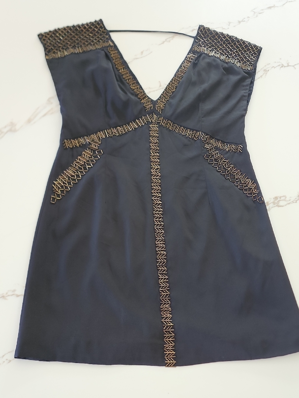 Free People Beaded Mini Dress Size 6 Black Gold Embellished V Neck Cocktail Boho